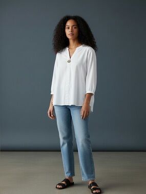 ❤️ White Linen 3/4 Sleeve White Pull Over Tunic Neck Blouse
